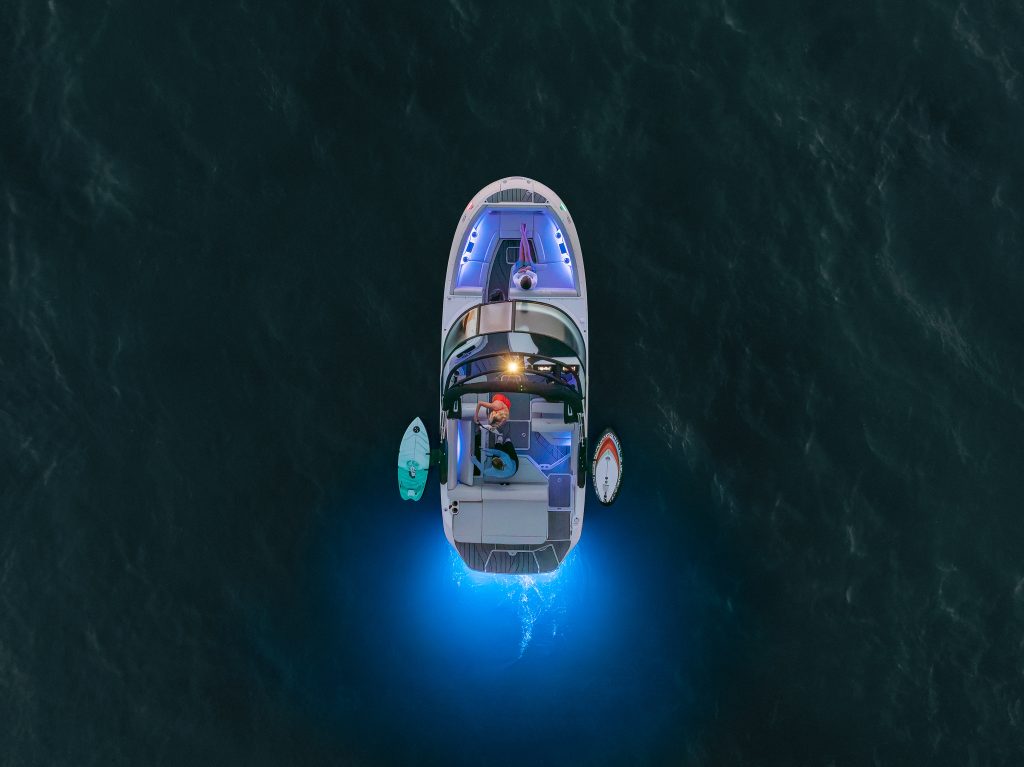 Aerial view of an SDX 230 Surf at twilight