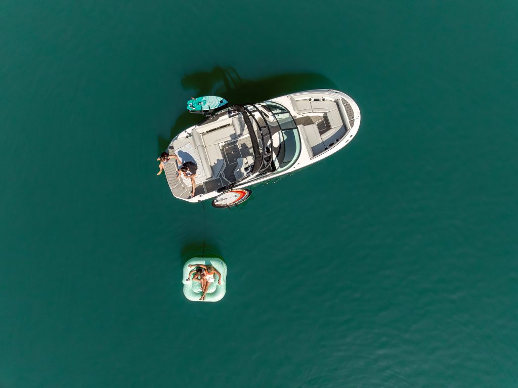 Aerial view of an SDX 230 Surf and an inflatable