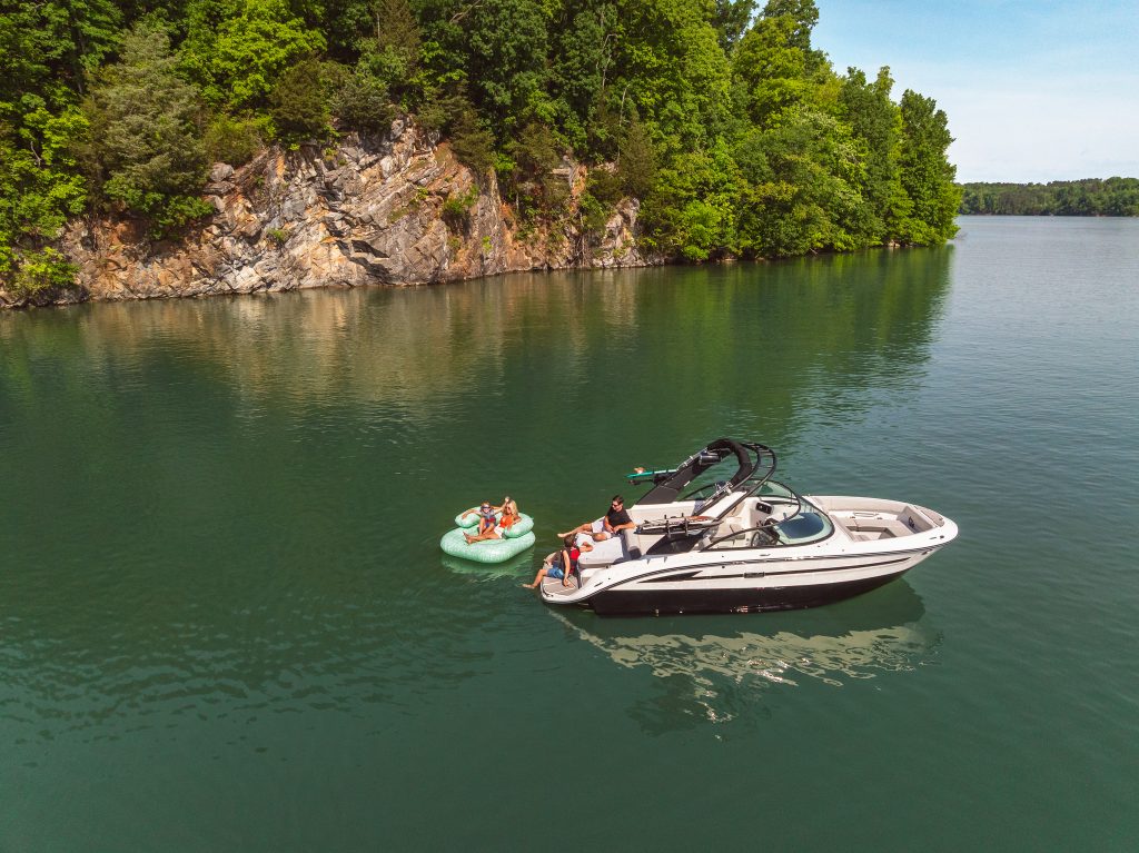 Aerial view of an SDX 230 Surf and an inflatable